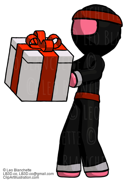 Pink Ninja Warrior Man Presenting A Present With Large Red Bow On It #4954