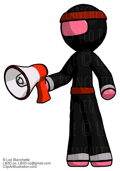 Pink Ninja Warrior Man Holding Megaphone Bullhorn Facing Right #4955