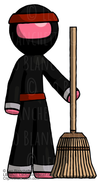 Pink Ninja Warrior Man Standing With Broom Cleaning Services #4956