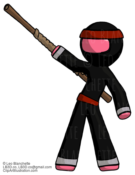 Pink Ninja Warrior Man Bo Staff Pointing Up Pose #4959