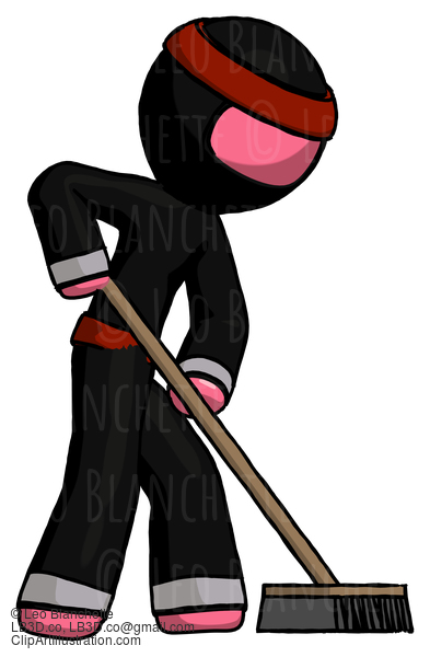 Pink Ninja Warrior Man Cleaning Services Janitor Sweeping Side View #4962