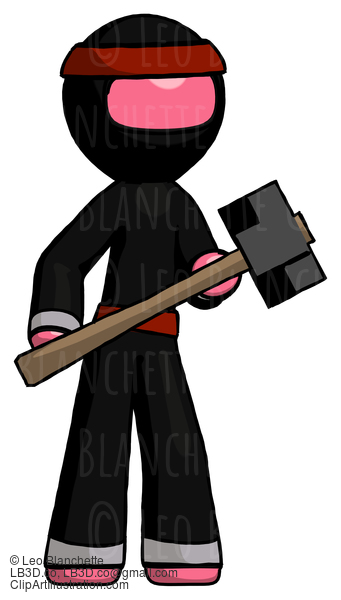 Pink Ninja Warrior Man With Sledgehammer Standing Ready To Work Or Defend #4971