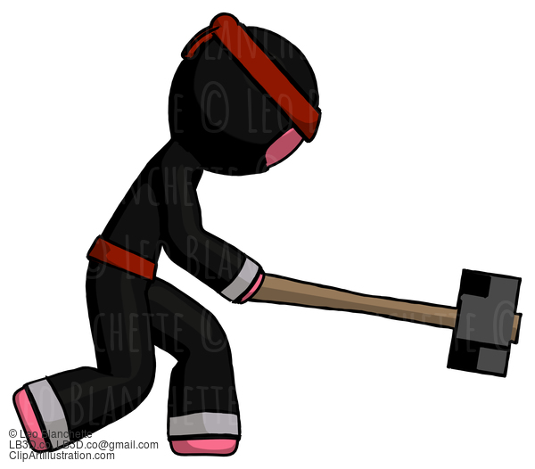 Pink Ninja Warrior Man Hitting With Sledgehammer, Or Smashing Something #4978