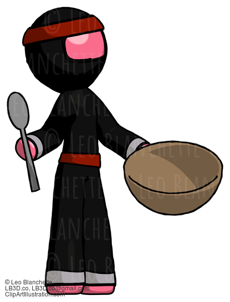 Pink Ninja Warrior Man With Empty Bowl And Spoon Ready To Make Something #4980