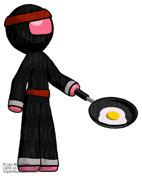 Pink Ninja Warrior Man Frying Egg In Pan Or Wok Facing Right #4983