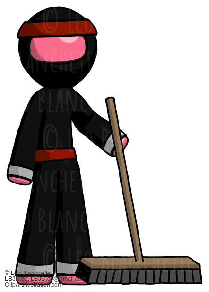 Pink Ninja Warrior Man Standing With Industrial Broom #4985