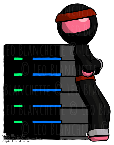 Pink Ninja Warrior Man Resting Against Server Rack Viewed At Angle #4989