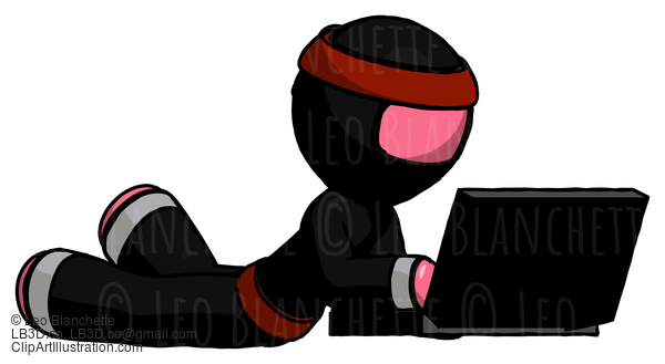 Pink Ninja Warrior Man Using Laptop Computer While Lying On Floor Side Angled View #5001