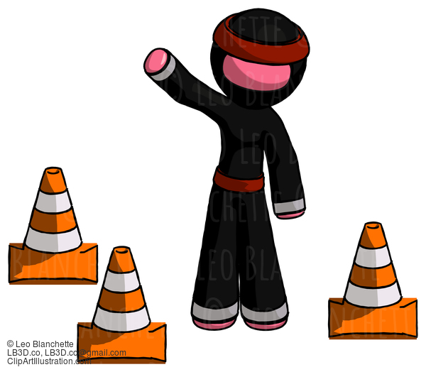 Pink Ninja Warrior Man Standing By Traffic Cones Waving #5009