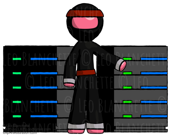 Pink Ninja Warrior Man With Server Racks, In Front Of Two Networked Systems #5014