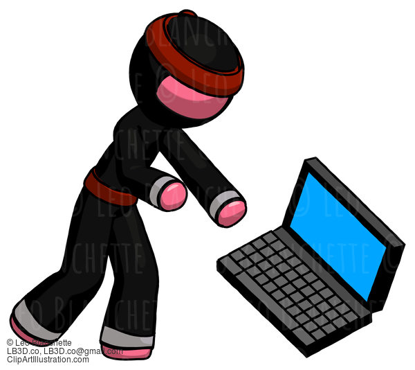 Pink Ninja Warrior Man Throwing Laptop Computer In Frustration #5028