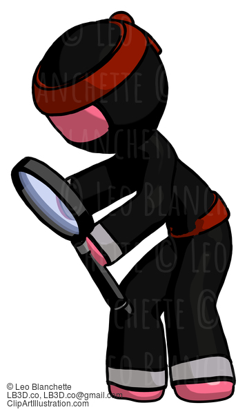 Pink Ninja Warrior Man Inspecting With Large Magnifying Glass Left #5042