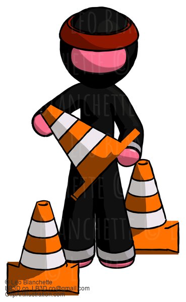 Pink Ninja Warrior Man Holding A Traffic Cone #5043