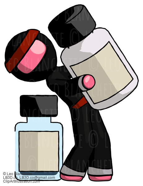 Pink Ninja Warrior Man Holding Large White Medicine Bottle With Bottle In Background #5049