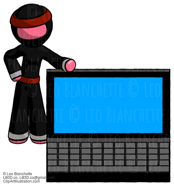 Pink Ninja Warrior Man Beside Large Laptop Computer, Leaning Against It #5061