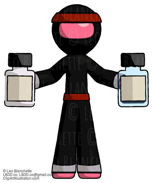 Pink Ninja Warrior Man Holding Two Medicine Bottles #5077