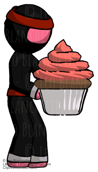 Pink Ninja Warrior Man Holding Large Cupcake Ready To Eat Or Serve #5080