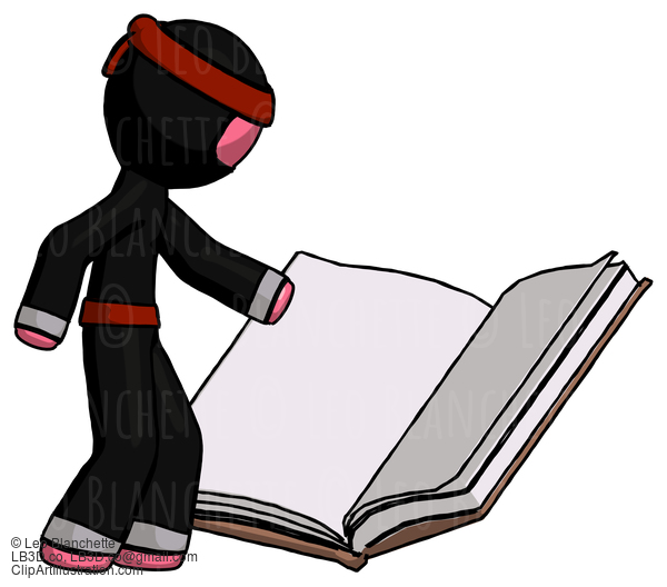 Pink Ninja Warrior Man Reading Big Book While Standing Beside It #5083