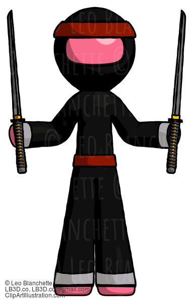 Pink Ninja Warrior Man Posing With Two Ninja Sword Katanas Up #5092