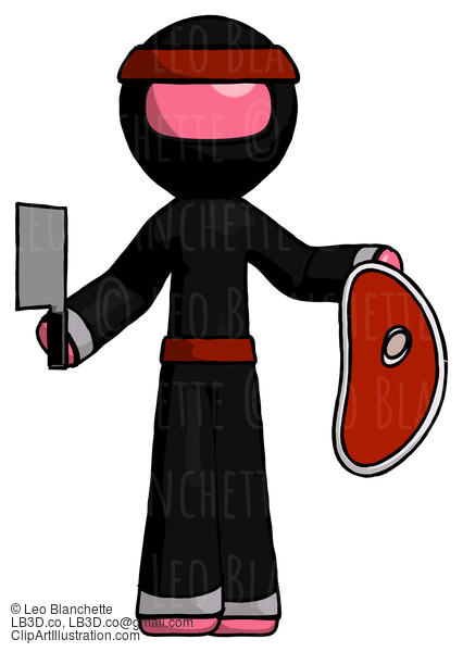 Pink Ninja Warrior Man Holding Large Steak With Butcher Knife #5093