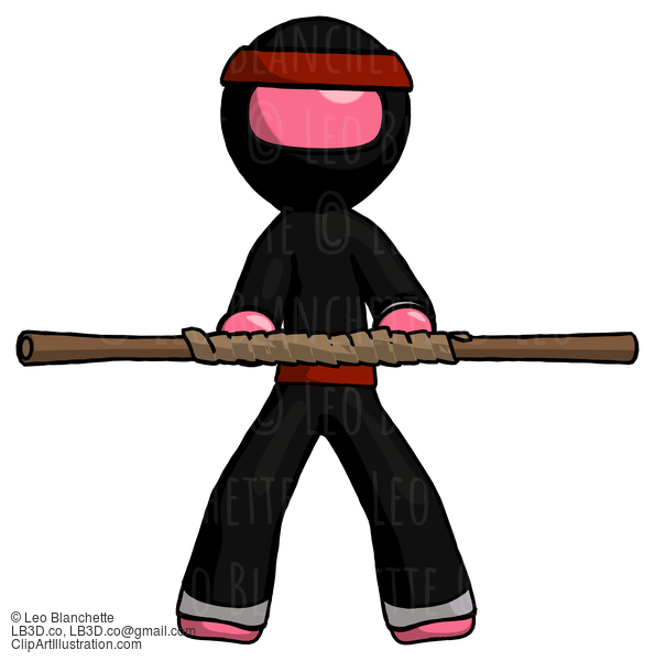 Pink Ninja Warrior Man Bo Staff Kung Fu Defense Pose #5096