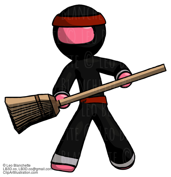 Pink Ninja Warrior Man Broom Fighter Defense Pose #5104