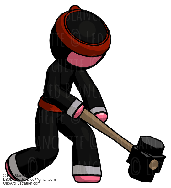 Pink Ninja Warrior Man Hitting With Sledgehammer, Or Smashing Something At Angle #5123