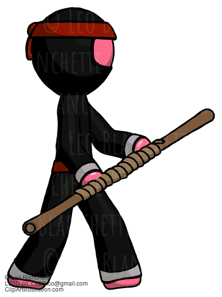 Pink Ninja Warrior Man Holding Bo Staff In Sideways Defense Pose #5135