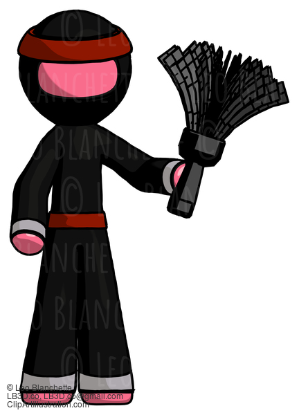 Pink Ninja Warrior Man Holding Feather Duster Facing Forward #5137