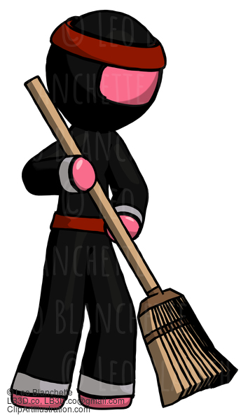 Pink Ninja Warrior Man Sweeping Area With Broom #5155