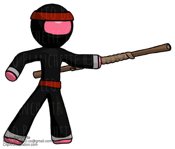 Pink Ninja Warrior Man Bo Staff Pointing Right Kung Fu Pose #5162