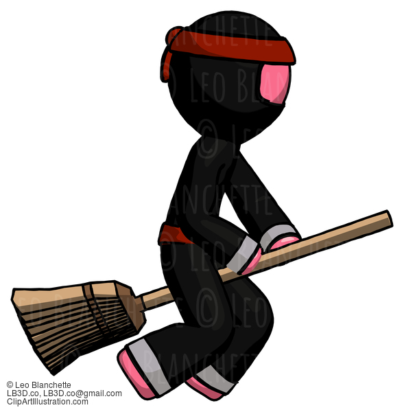 Pink Ninja Warrior Man Flying On Broom #5166