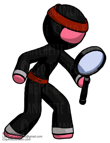 Pink Ninja Warrior Man Inspecting With Large Magnifying Glass Right #5183