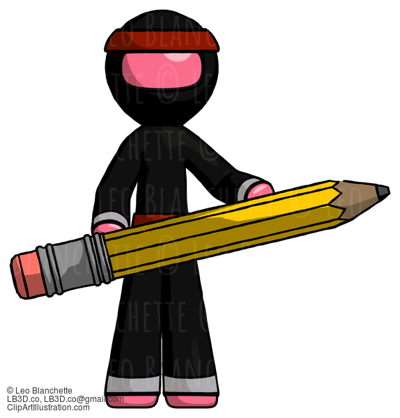 Pink Ninja Warrior Man Writer Or Blogger Holding Large Pencil #5194