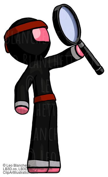 Pink Ninja Warrior Man Inspecting With Large Magnifying Glass Facing Up #5209