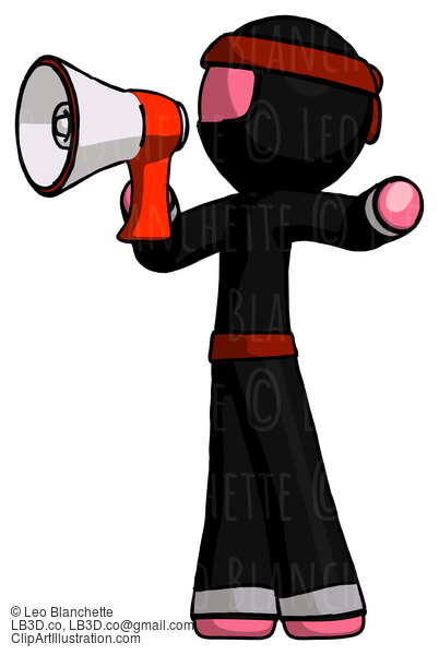 Pink Ninja Warrior Man Shouting Into Megaphone Bullhorn Facing Left #5226