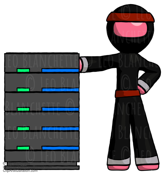 Pink Ninja Warrior Man With Server Rack Leaning Confidently Against It #5239