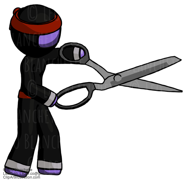 Purple Ninja Warrior Man Holding Giant Scissors Cutting Out Something #6163