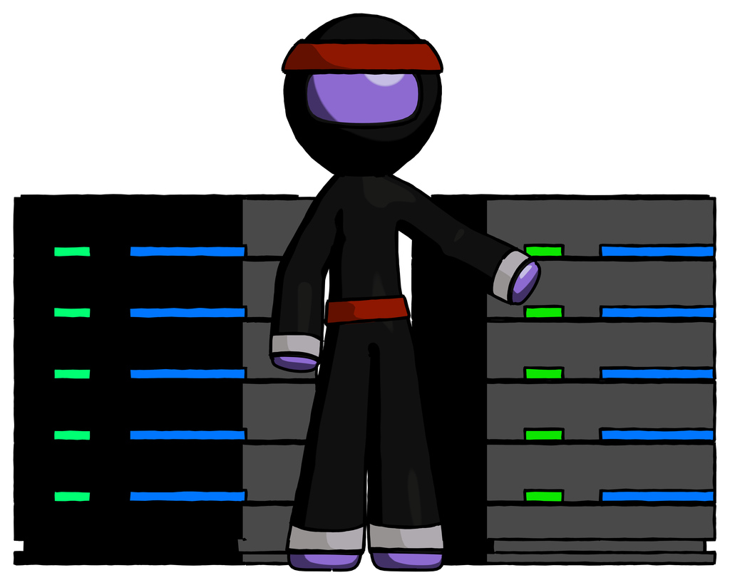 Purple Ninja Warrior Man With Server Racks, In Front Of Two Networked Systems