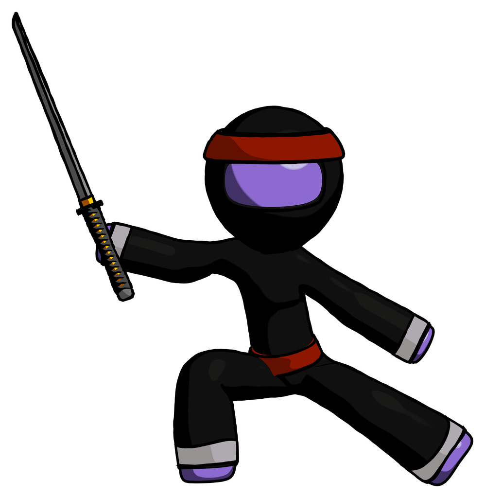 Purple Ninja Warrior Man with ninja sword katana in defense pose