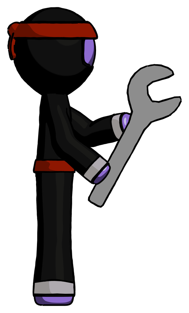 Purple Ninja Warrior Man Using Wrench Adjusting Something To Right