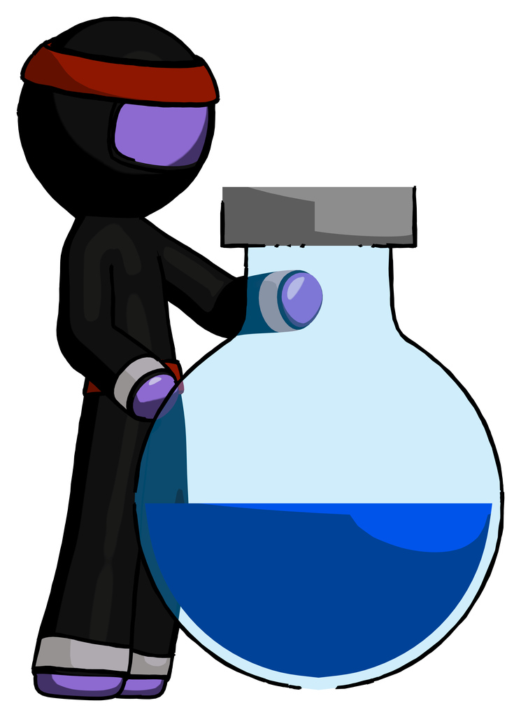 Purple Ninja Warrior Man Standing Beside Large Round Flask Or Beaker