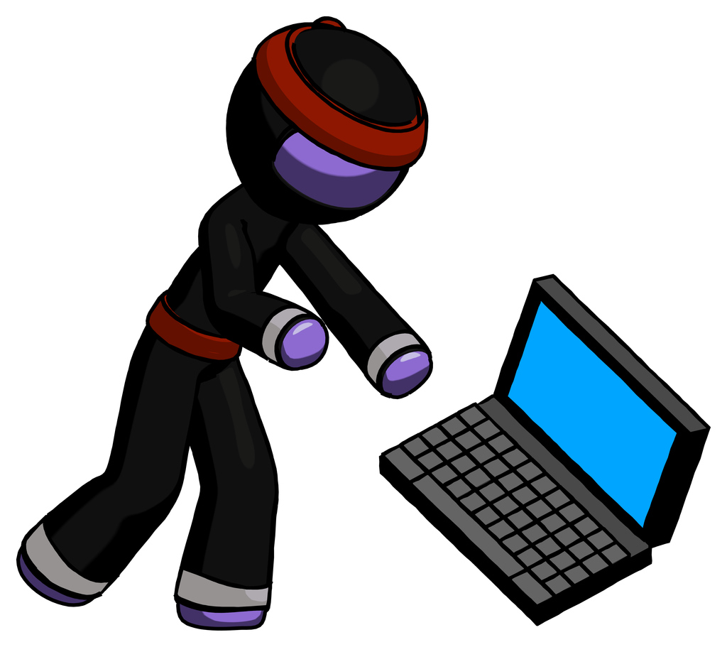 Purple Ninja Warrior Man throwing laptop computer in frustration