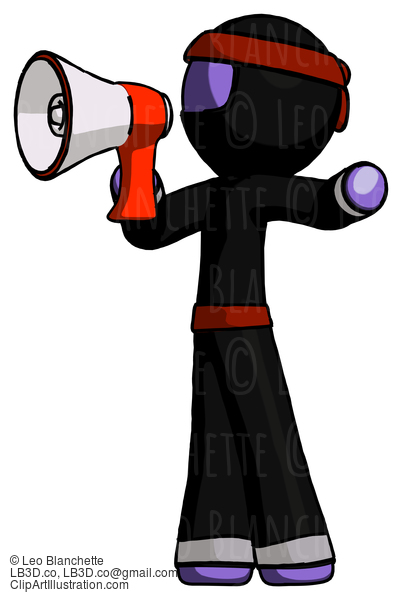 Purple Ninja Warrior Man Shouting Into Megaphone Bullhorn Facing Left #6221