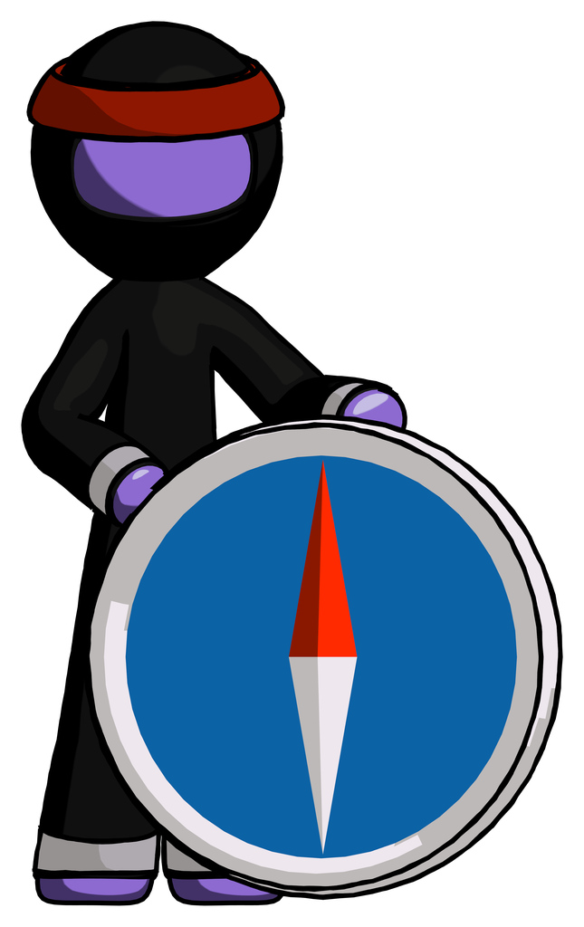 Purple Ninja Warrior Man standing beside large compass