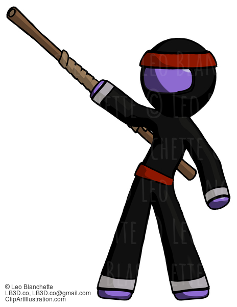 Purple Ninja Warrior Man Bo Staff Pointing Up Pose #6249