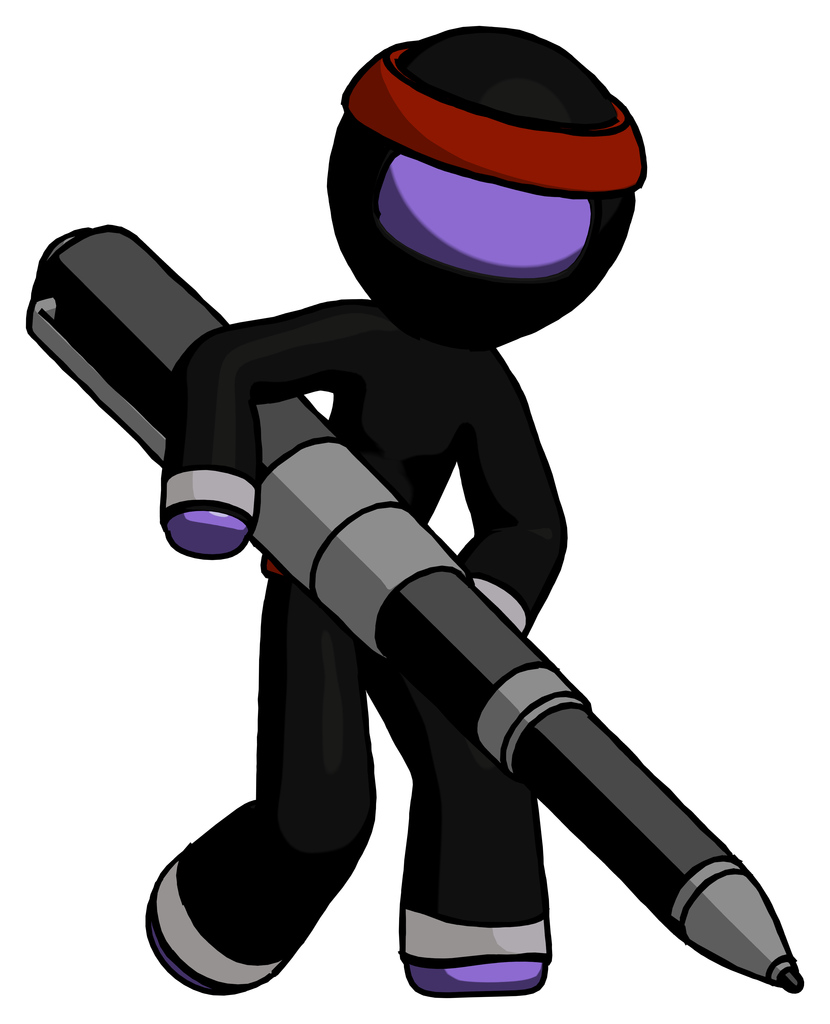 Purple Ninja Warrior Man Writing with a really big pen