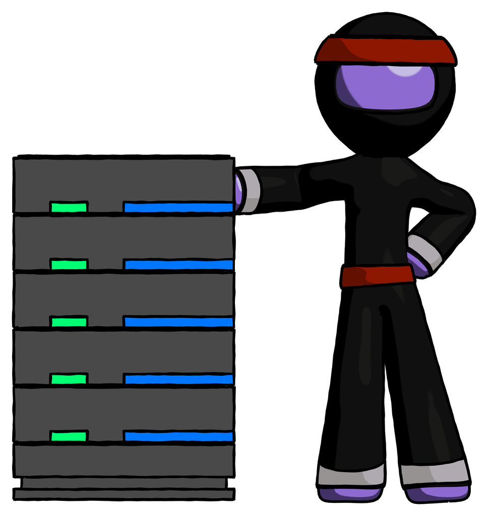 Purple Ninja Warrior Man With Server Rack Leaning Confidently Against It