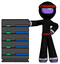 Purple Ninja Warrior Man With Server Rack Leaning Confidently Against It