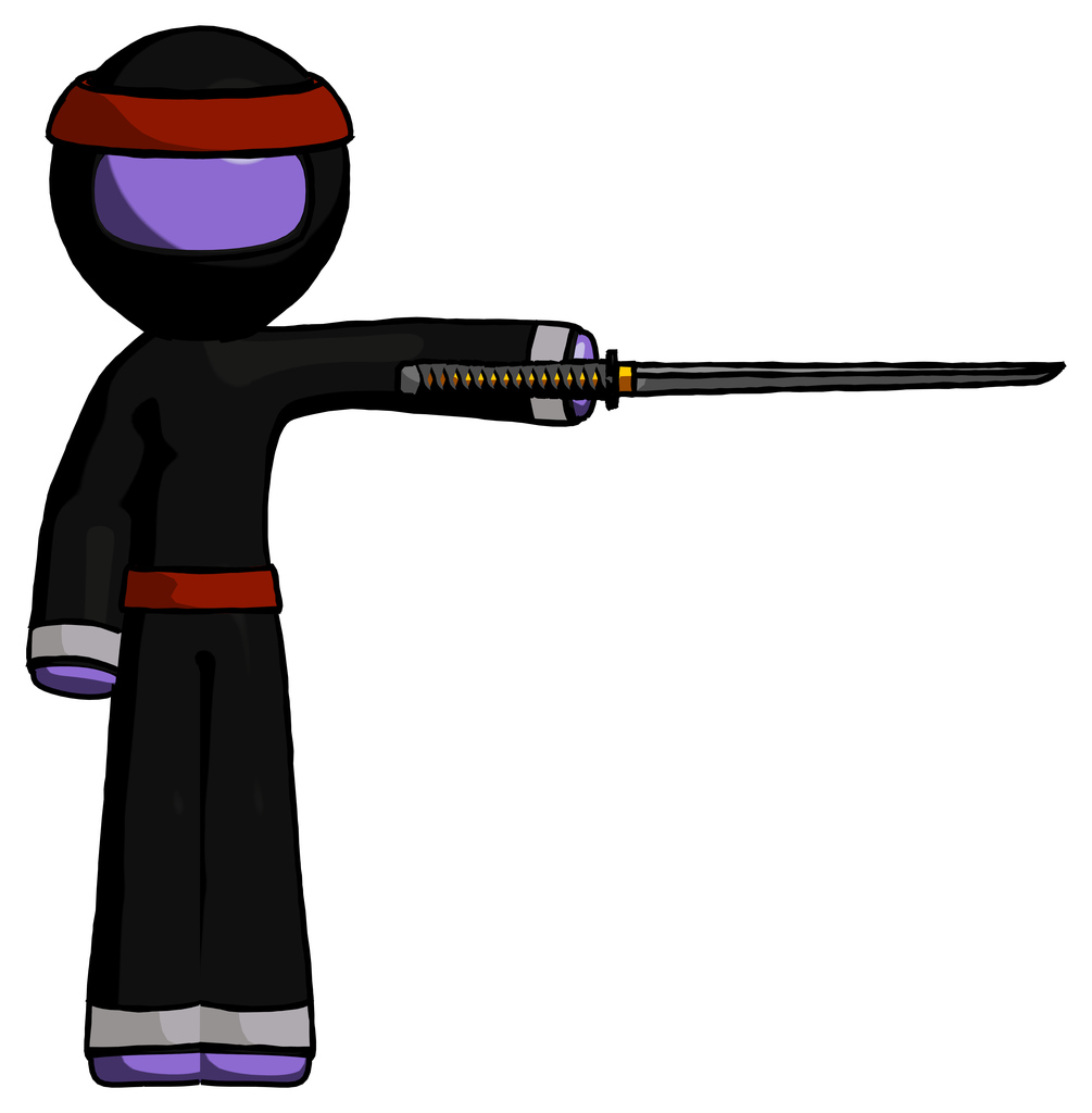 Purple Ninja Warrior Man standing with ninja sword katana pointing right